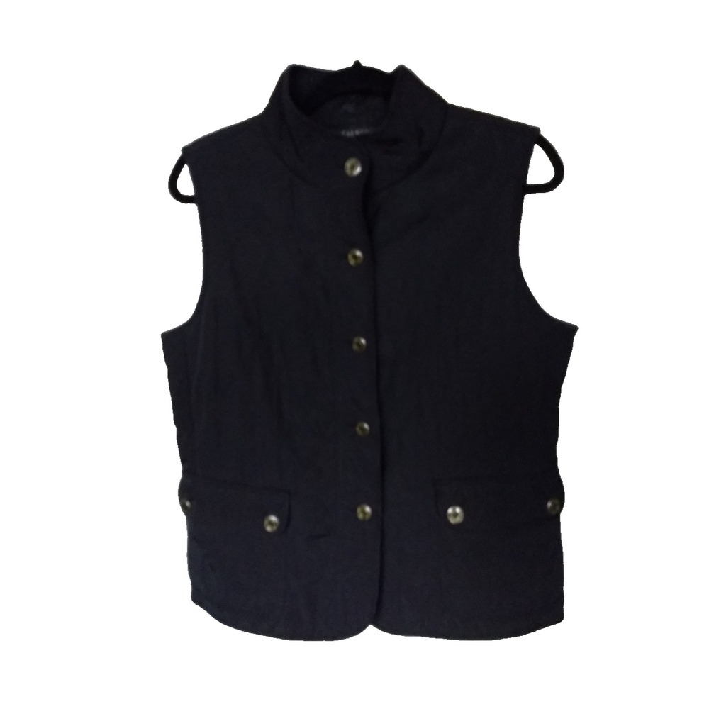 Talbots Quilted Vest Logo Button Front Womens M Black Dbl Button Front Pockets